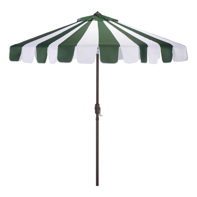 Meze 9 Ft Crank Umbrella, Green Cabana Stripe/Brown Pole For Sale