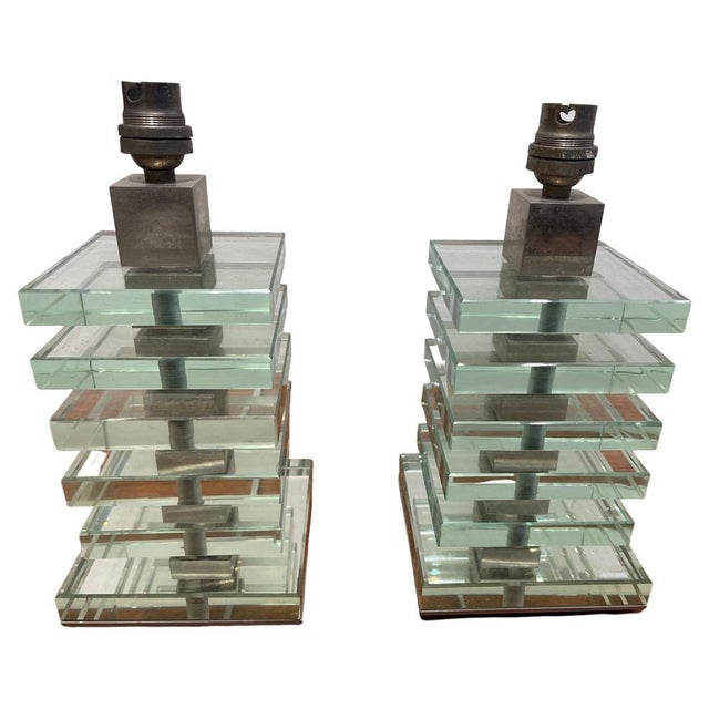 Modernist Art Deco Glass and Nickel Table Lamps from Maison Desny, France, 1930s, Set of 2 For Sale - Image 16 of 16
