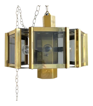 Mid Century Modern Fredrick Ramond Style Brass and Smoked Glass Chandelier