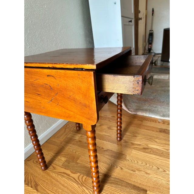 Antique English Hand-Constructed Cherry Drop Leaf Side/Work Table With Bobbin Legs For Sale In Denver - Image 6 of 15