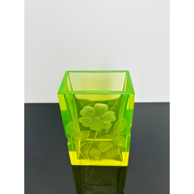 Glass Karlsbad Uranium Glass Vase with Hand-Engraved Floral Décor by Moser, Czechoslovakia, 1920s For Sale - Image 7 of 13