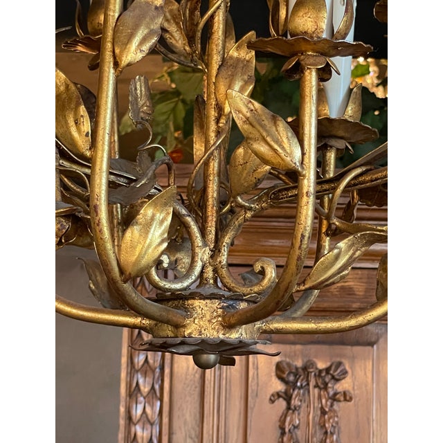 Vintage 1960s Italian Mid Century Hollywood Regency Six Light Gilt Floral Chandelier For Sale - Image 9 of 13