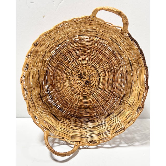 Brown Vintage Handwoven Wicker Bread Basket – Round Farmhouse Storage Basket With Wrapped Handles For Sale - Image 8 of 9
