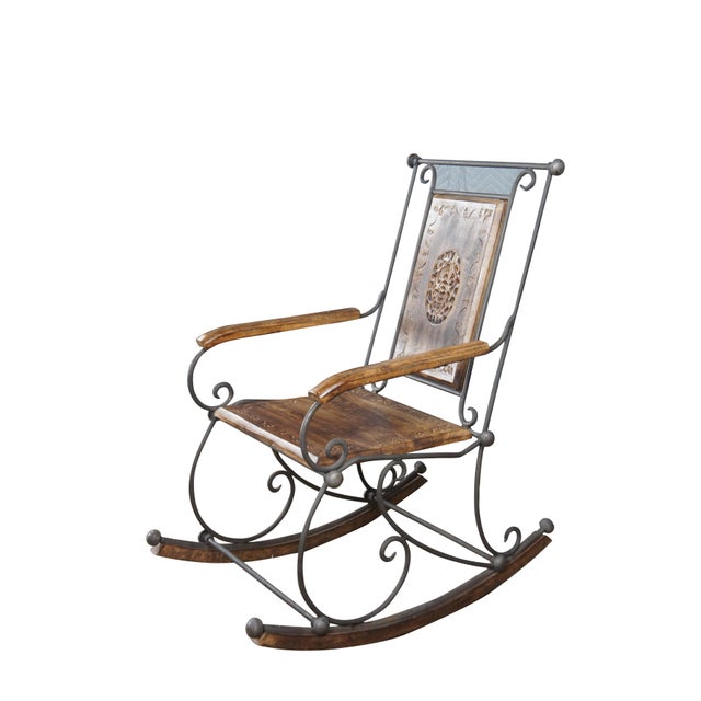 English Late 20th Century British Colonial Style Wrought Iron Carved Mahogany Rocking Armchair For Sale - Image 3 of 12