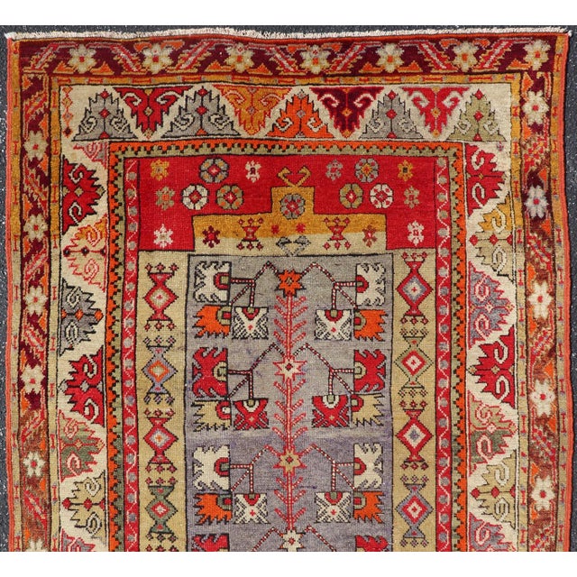Colorful Antique Turkish Small Oushak Carpet in Multi Layered Design For Sale - Image 4 of 14