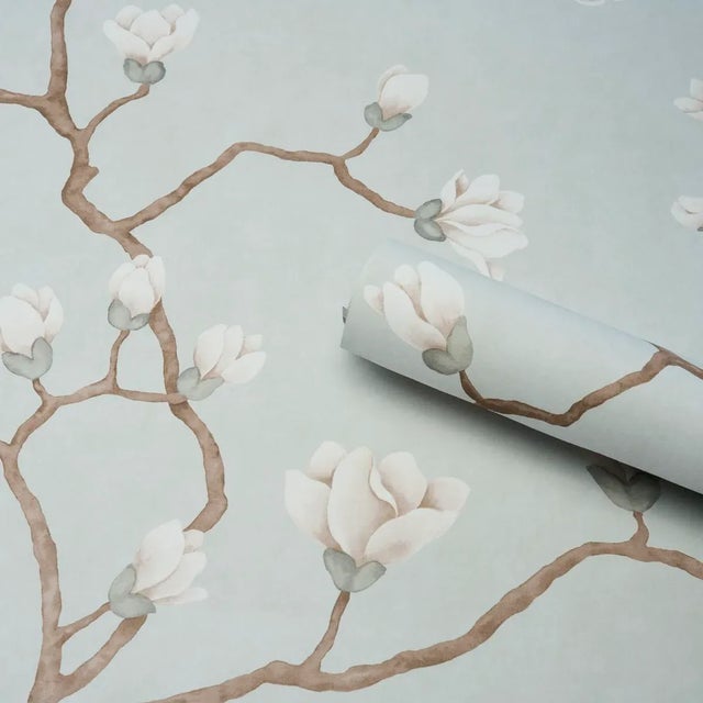 Schumacher SAMPLE - Schumacher Magnolia Tree Wallpaper In Dusty Sky For Sale - Image 4 of 4