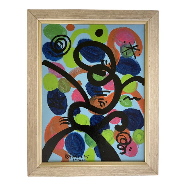 1970s “Omage to My Friend Miro” Abstract Acrylic Painting by Peter Keil, Framed For Sale