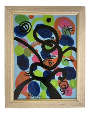 1970s “Omage to My Friend Miro” Abstract Acrylic Painting by Peter Keil, Framed