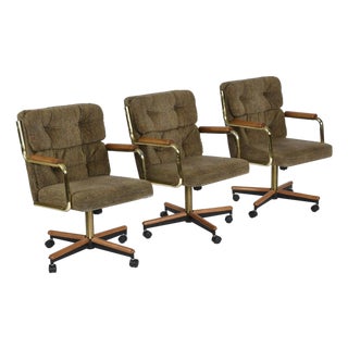 Set of 3 Stoneville Brown Gold and Oak Swivel Armchairs on Casters For Sale