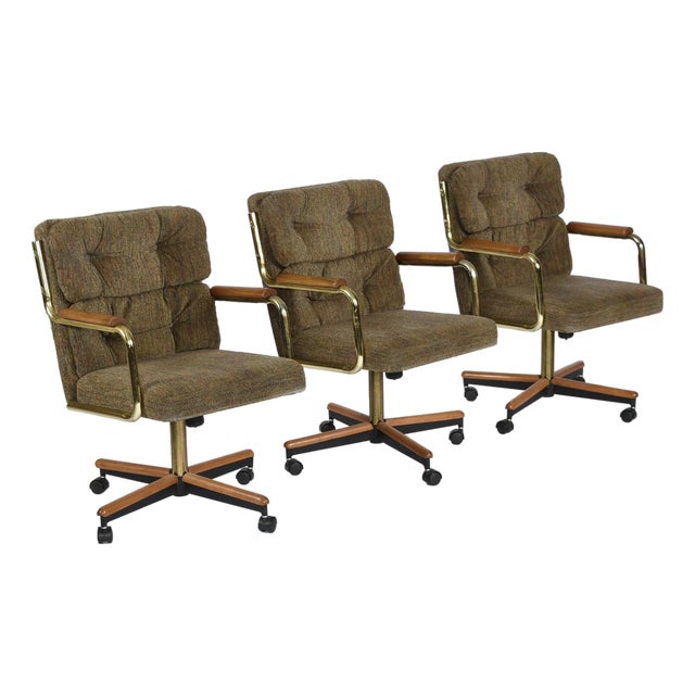 Set of 3 Stoneville Brown Gold and Oak Swivel Armchairs on Casters For Sale