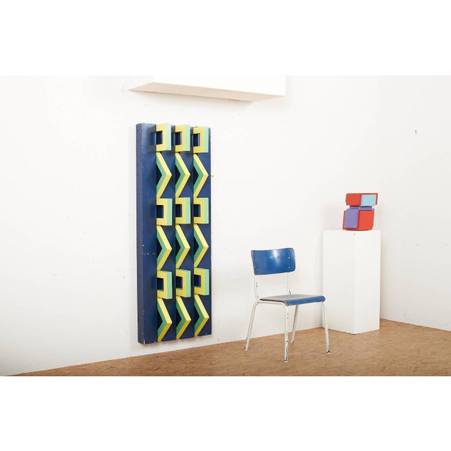 Wooden Wall Relief with Beams Painted Blue & Geometric Central Parts Painted Green/Yellow, 1950s For Sale - Image 11 of 14