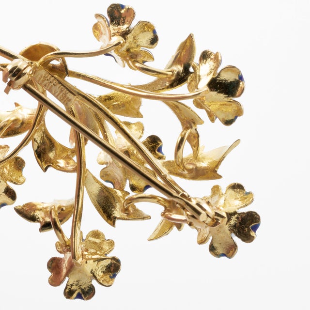 Contemporary Vintage 18k Gold Italian Floral Brooch With Enamel and Pearls For Sale - Image 3 of 9