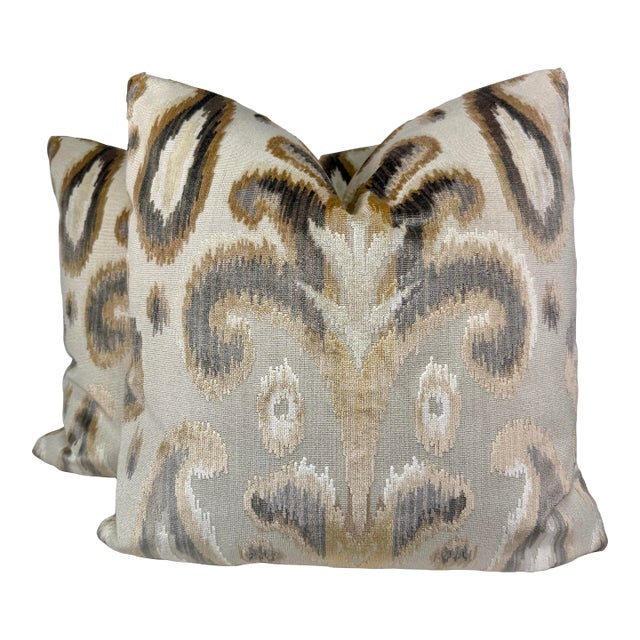 Ikat Cut Velvet in Natural 22" Pillows-a Pair For Sale