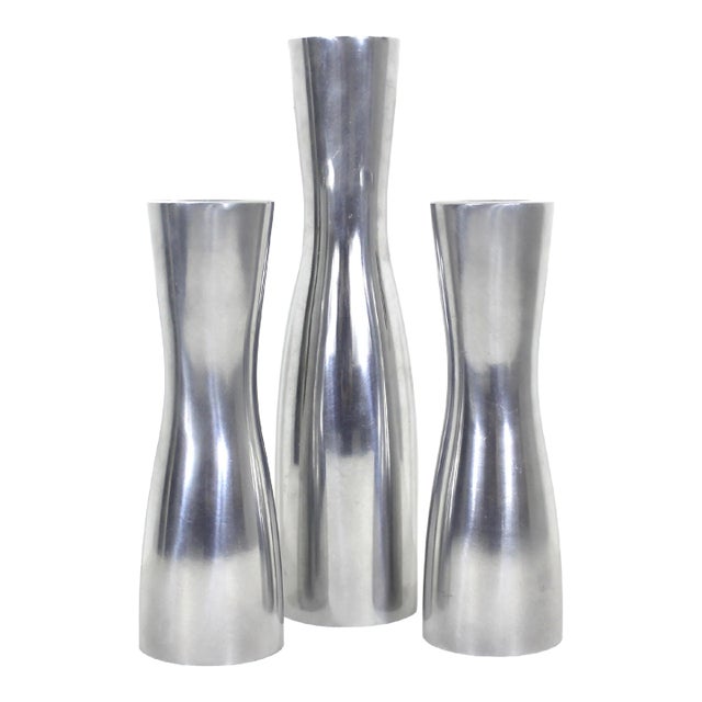 Vintage Mid-Century Modern Erika Pekkari Aluminum Scandinavian Candlesticks- Set of 3 For Sale
