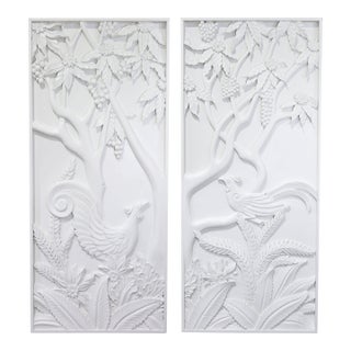 Pair of Modern White Relief Wall Panels With Bird and Grape Motifs For Sale