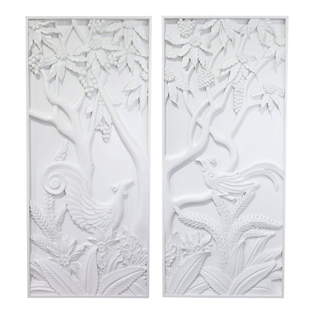 Pair of Modern White Relief Wall Panels With Bird and Grape Motifs For Sale