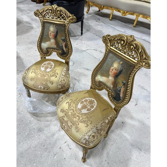 French Rococo Gold Accent Chair With Lady Portrait Set of 2 For Sale In Miami - Image 6 of 9