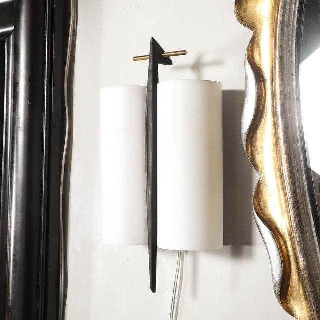 Metal Mid-Century Frosted Glass, Brass & Black Enamel Sconce by Maison Arlus For Sale - Image 7 of 11