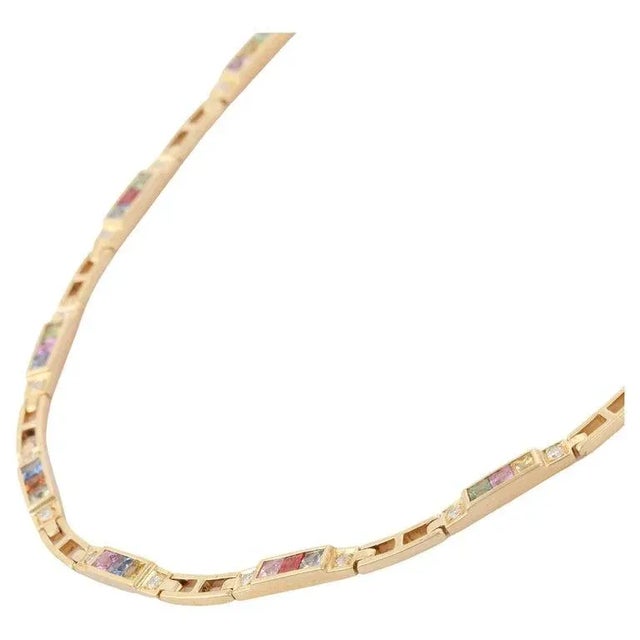 Metal 5.45ct Ranibow Sapphire Square Cut Tennis Necklace in 18k Yellow Gold For Sale - Image 7 of 13