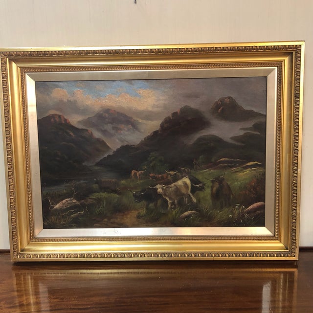 1908 Edwardian "Shetland Cattle in the Highlands" Oil Painting For Sale - Image 6 of 9