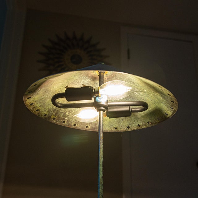 Metal Vintage Verdigris Copper Alloy Brutalist Star Table Lamp For Sale - Image 7 of 14
