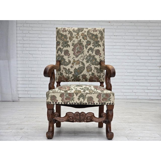 Brown Scandinavian Highback Armchair in Patterned Fabric and Hand-Carved Oak, 1950s For Sale - Image 8 of 18