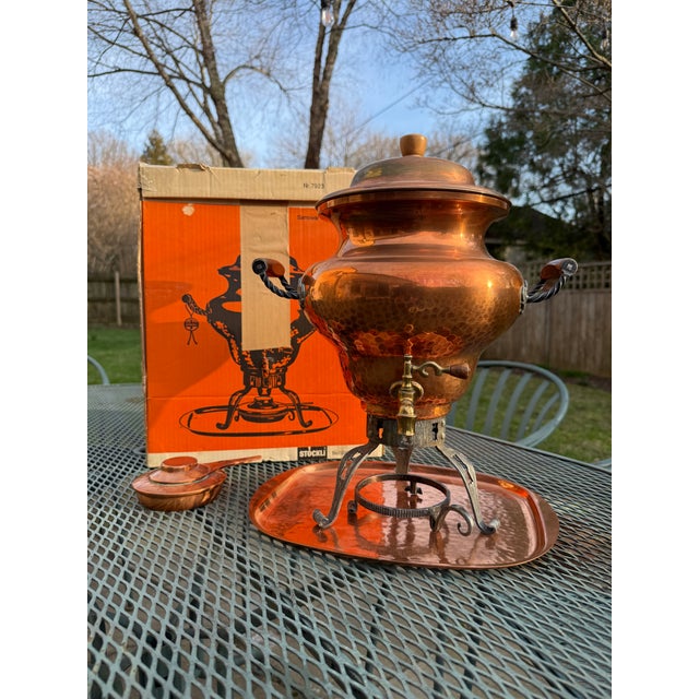 Stunning and rare vintage 1960s Stöckli Swiss copper samovar, complete with original burner, tray, and box. Made of...