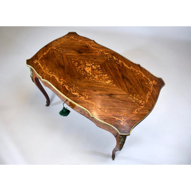 Wood Early 20th Century French Louis XV Style Rosewood Marquetry Writing Table/Desk For Sale - Image 7 of 18
