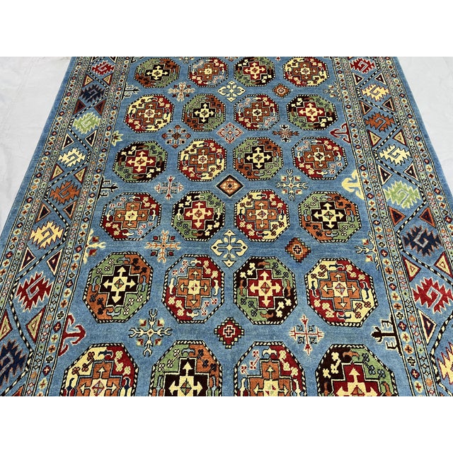 Blue Blue Bokhara Wool Area Rug With Tribal Gul Motifs, 6'6" X 10'5" For Sale - Image 8 of 15