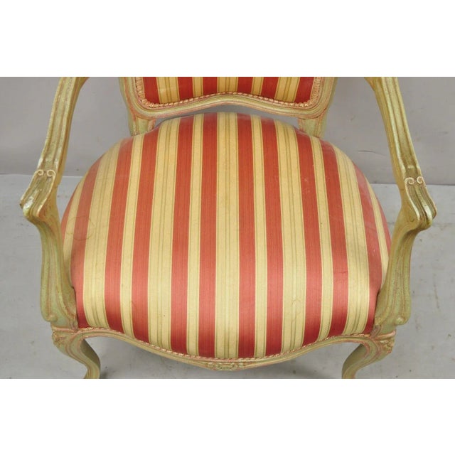 Vtg French Louis XV Style Green & Pink Painted Arm Chair Fauteuil Striped Fabric For Sale In Philadelphia - Image 6 of 13