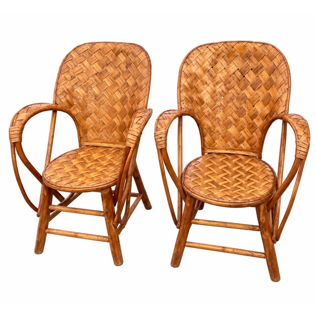 Brown Vintage Woven Rattan Garden Set of Round Table and Armchairs, 1950s, Set of 5 For Sale - Image 8 of 15
