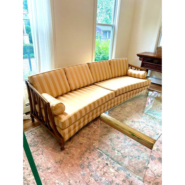 Textile 1950s Custom Made Mid-Century Modern Satin Upholstered Curved Sofa For Sale - Image 7 of 9