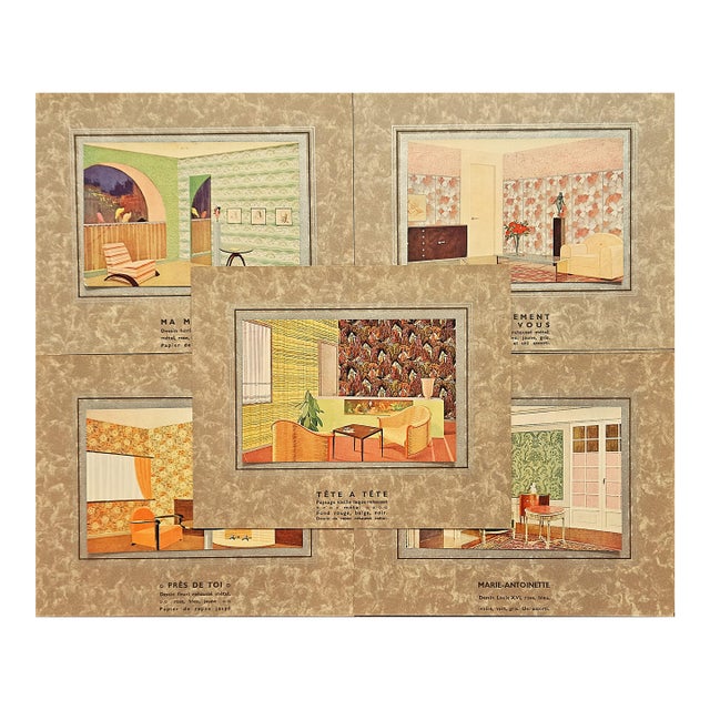1934 Set of 5 - French Art Deco Interior Sitting Room Decor Prints For Sale