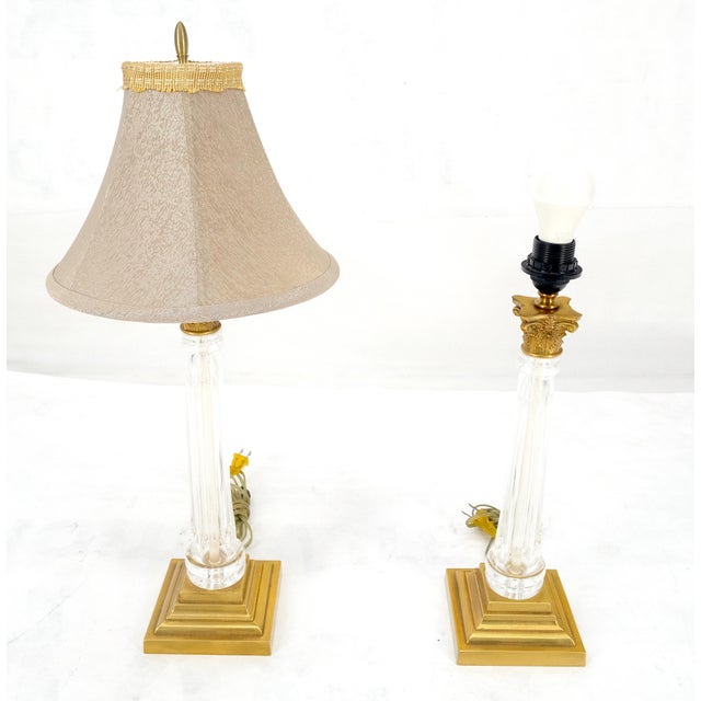 960'sPair of Crystal & Square Brass Bases Ornate Shades 25" Tall Table Lamps For Sale - Image 11 of 15