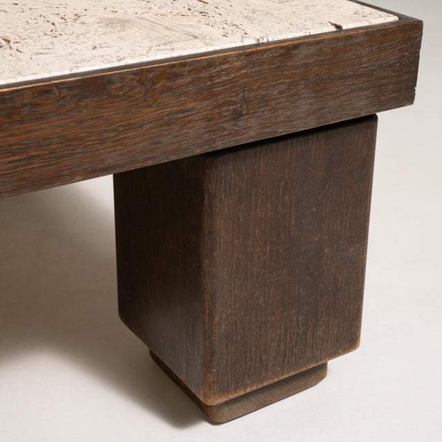 Wood 1970s Brutalist Coffee Table with Travertine Top For Sale - Image 7 of 9