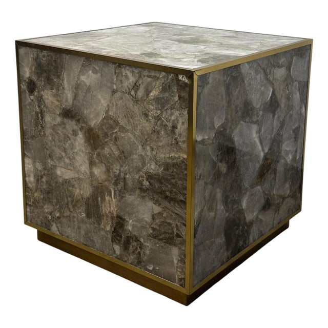 Contemporary Bernhardt Tildon Transitional Style Smokey Quartz & Brass Cube Side Table For Sale