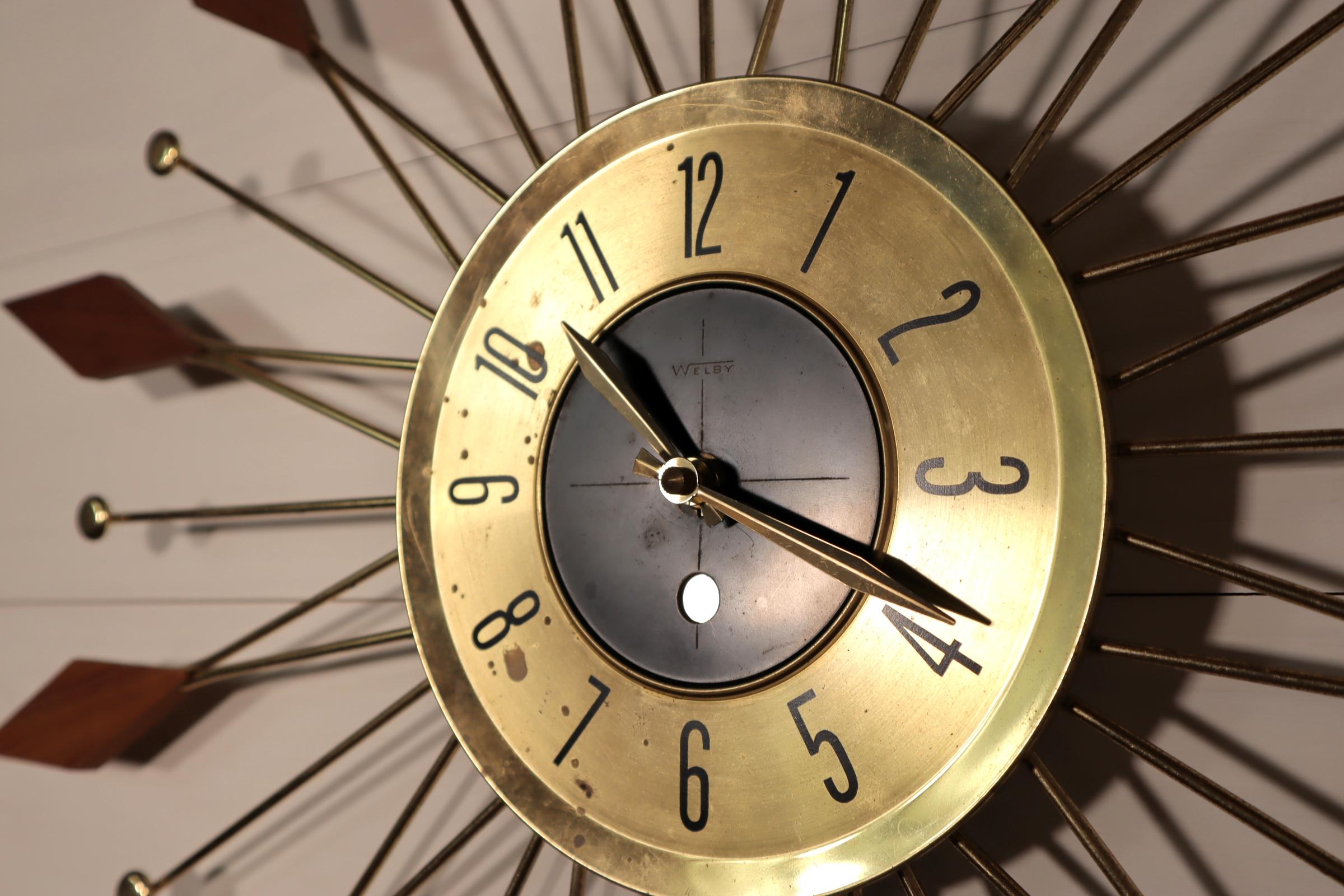Vintage Mid Century Welby Wood Starbust Wall Clock 50's 60's