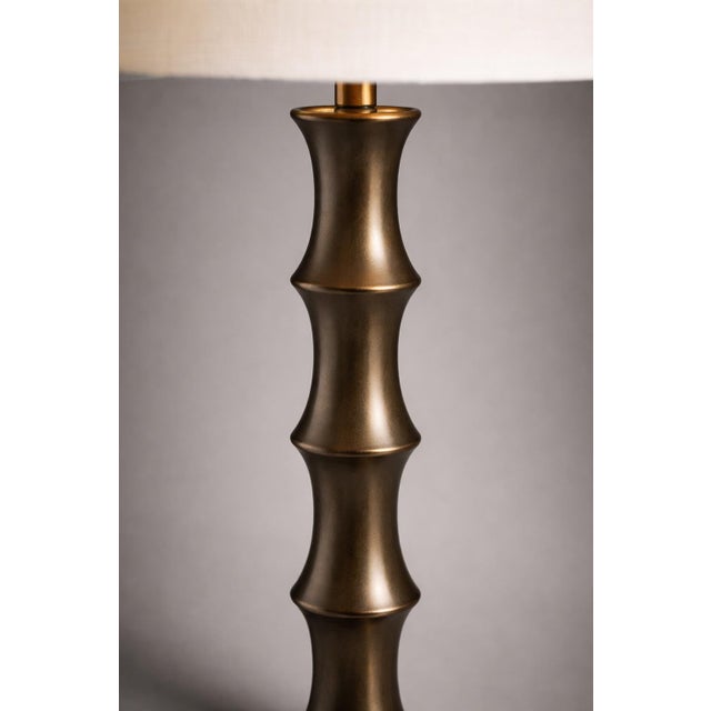 Late 20th Century Sculptural Segmented Column Aged Bronze Finish Table Lamps Bamboo Form Influence 32” H (L324) - a Pair For Sale - Image 4 of 8