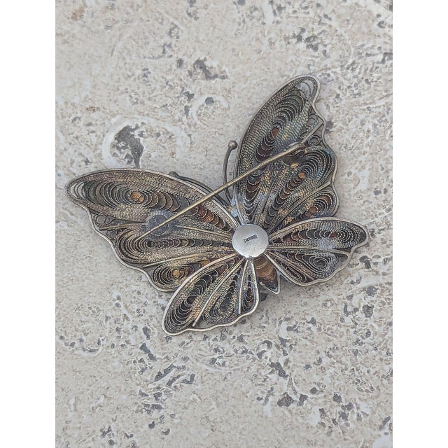 Chinese Silver Filigree and Enamel Beautiful Butterfly Brooch Circa 1920 For Sale - Image 4 of 4