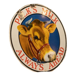 Circa 1910 Polk's Milk "Always Ahead" Double-Sided Porcelain Sign For Sale