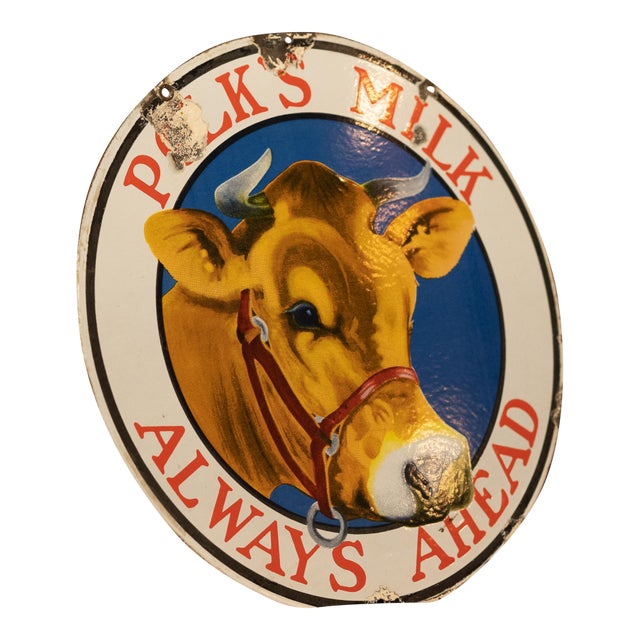 Circa 1910 Polk's Milk "Always Ahead" Double-Sided Porcelain Sign For Sale