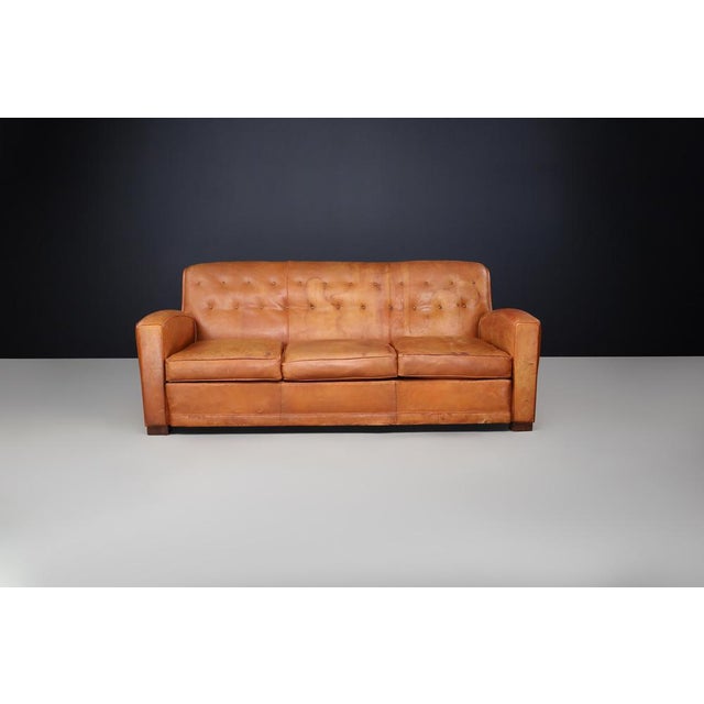 French Art Deco Patinated Leather Lounge Sofa, 1930s For Sale - Image 4 of 11