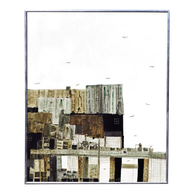 Mid-Century Modern Painting of Tiburon Wharf, Signed, 1970, Acrylic by Albert Anderson Clymer For Sale