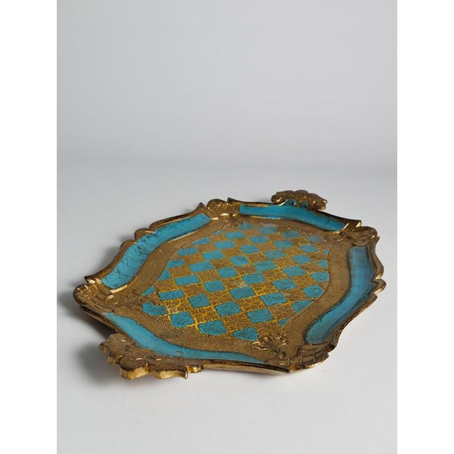 Florentine Neo-Rococo Gilt and Turquoise Tray with Harlequin Pattern, Italy, 1950s For Sale - Image 9 of 18