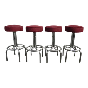 Set of Four Mid Century Modern Burgundy Barstools W Chrome Base Bar Stools