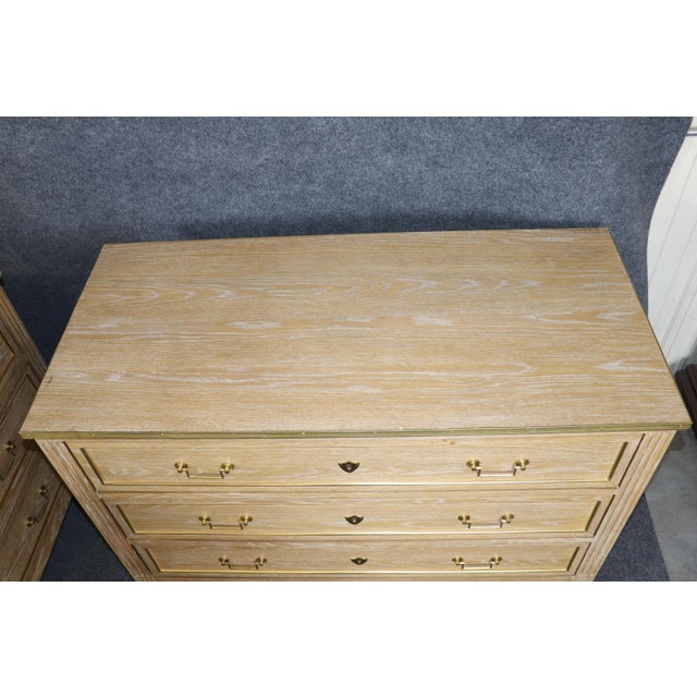 Wood Pair English Made Louis XVI Style Brass Mounted Ceruse Oak Commodes For Sale - Image 7 of 12