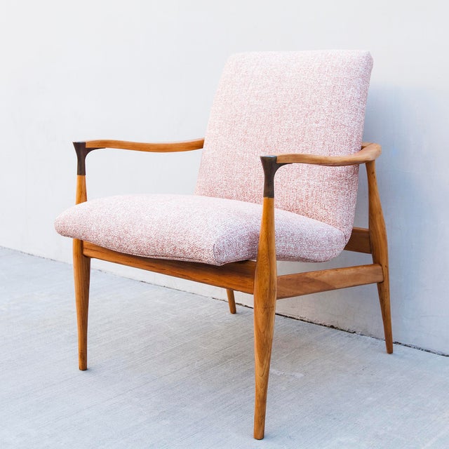 Vintage Mid Century Walnut Scoop Lounge Chair With Brass Accents For Sale - Image 12 of 12