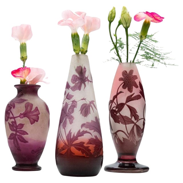 Acid Etched Double Overlay Cameo Vases from Gallé, 1920, Set of 3 For Sale