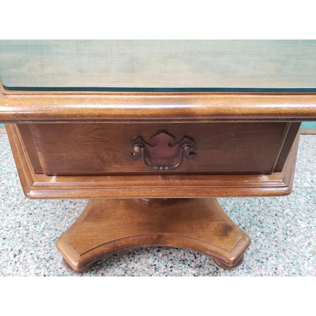 Brown Ethan Allen Pentagon Shaped Wooden Side Table With Glass Overlay on Top and Single Drawer For Sale - Image 8 of 11