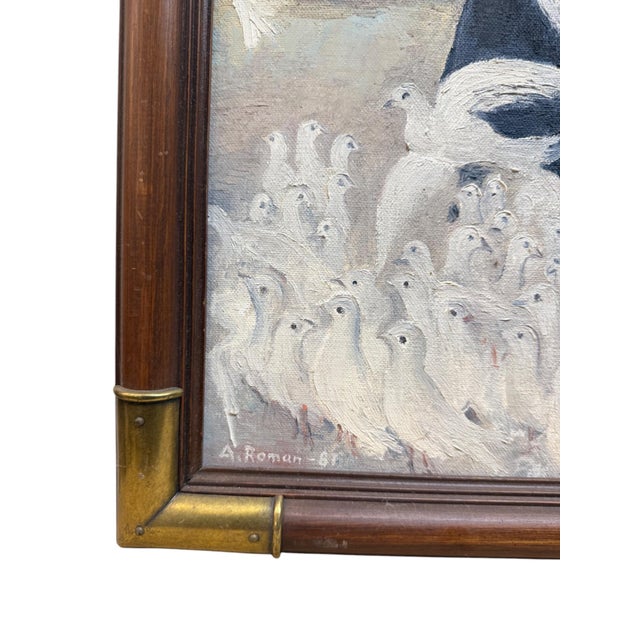 A Large Middle Eastern Oil On Canvas Painting Of A Men Feeding Pigeons with Gorgeous Domed Buildings in the Backdrop....